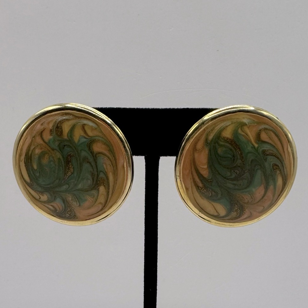 VINTAGE Large Round Marbled Enamel Earrings